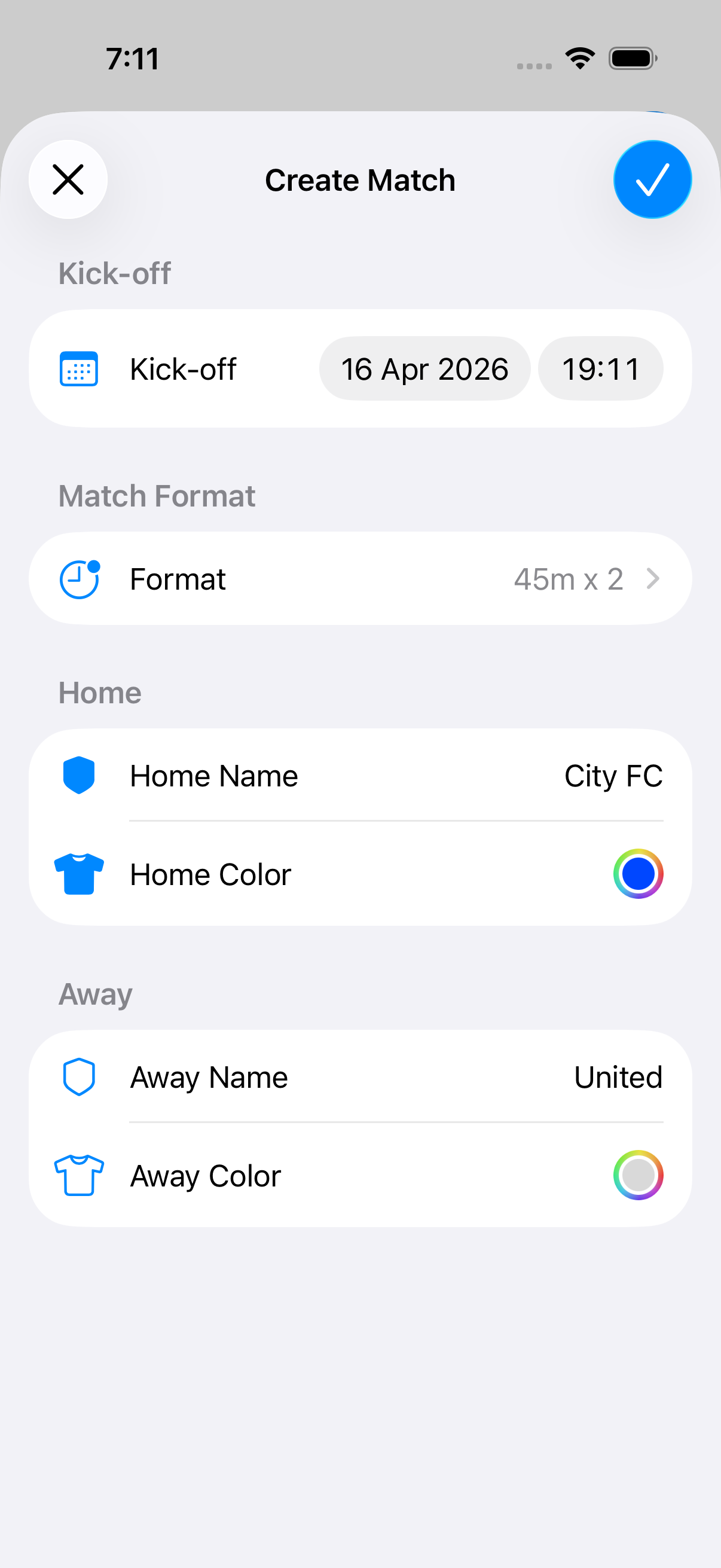 New match sheet on iPhone