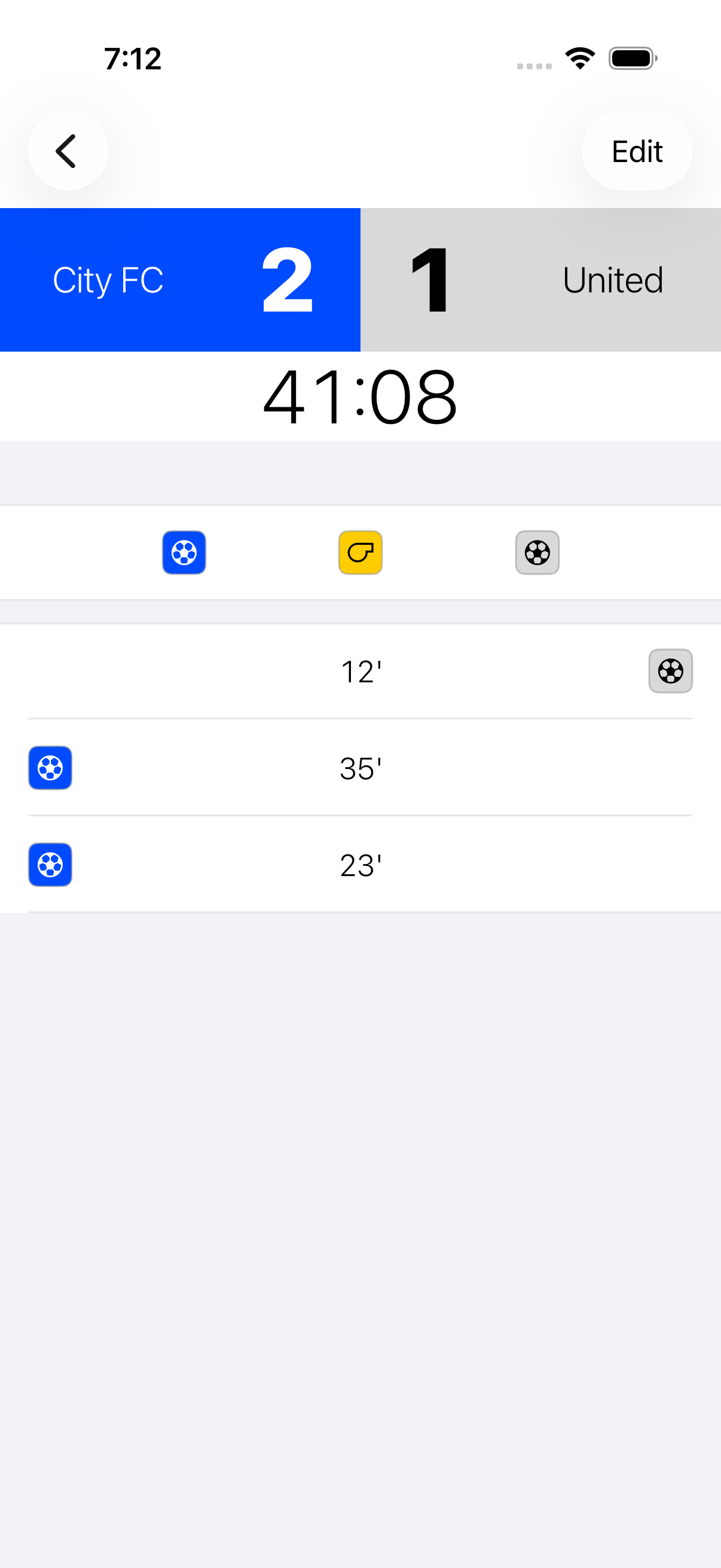 iPhone scoreboard in portrait — score and match log visible